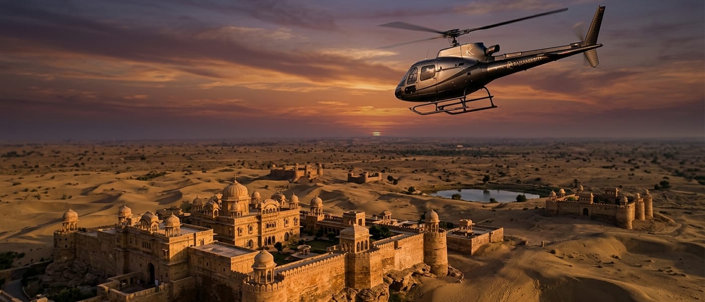 Luxury helicopter flying over Rajasthan landscape