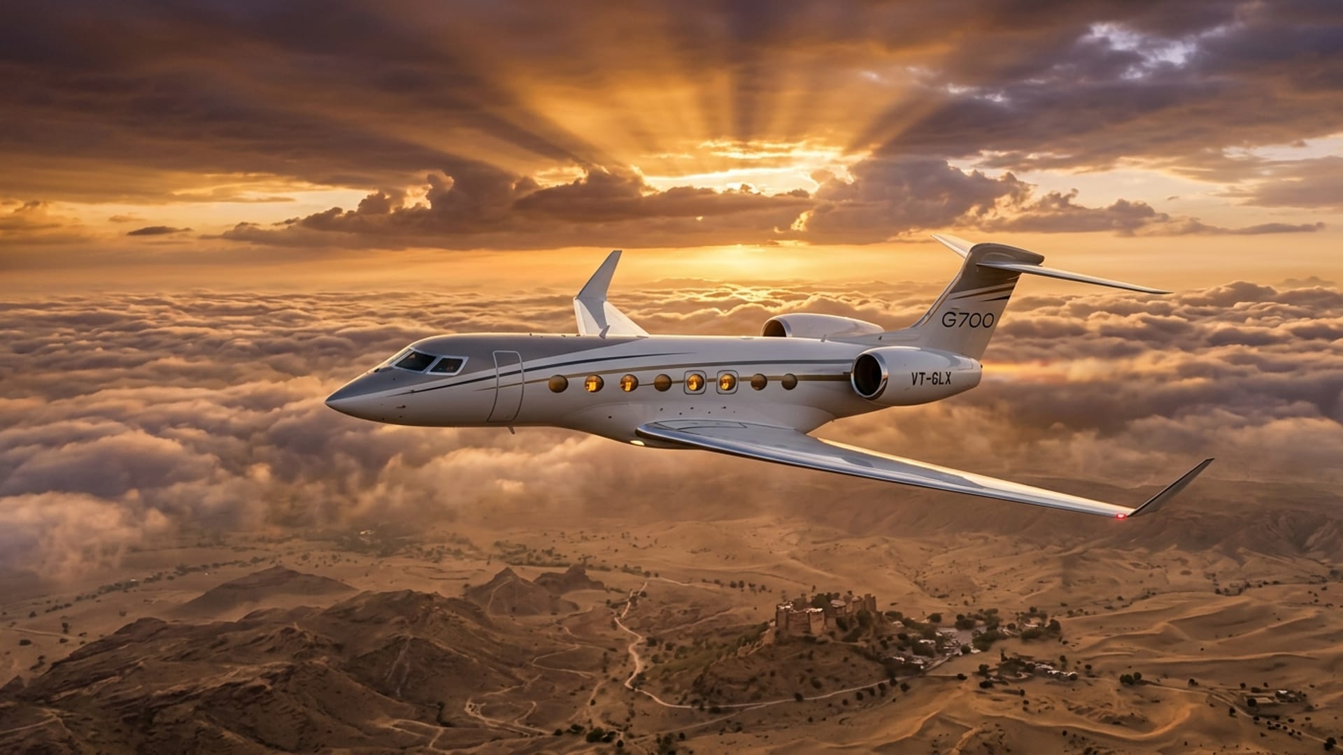 Luxury private jet flying over India skyline at sunset