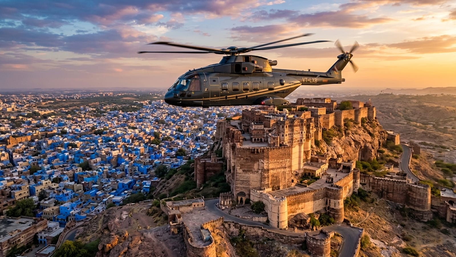 Helicopter flying over Mehrangarh Fort in Jodhpur Rajasthan
