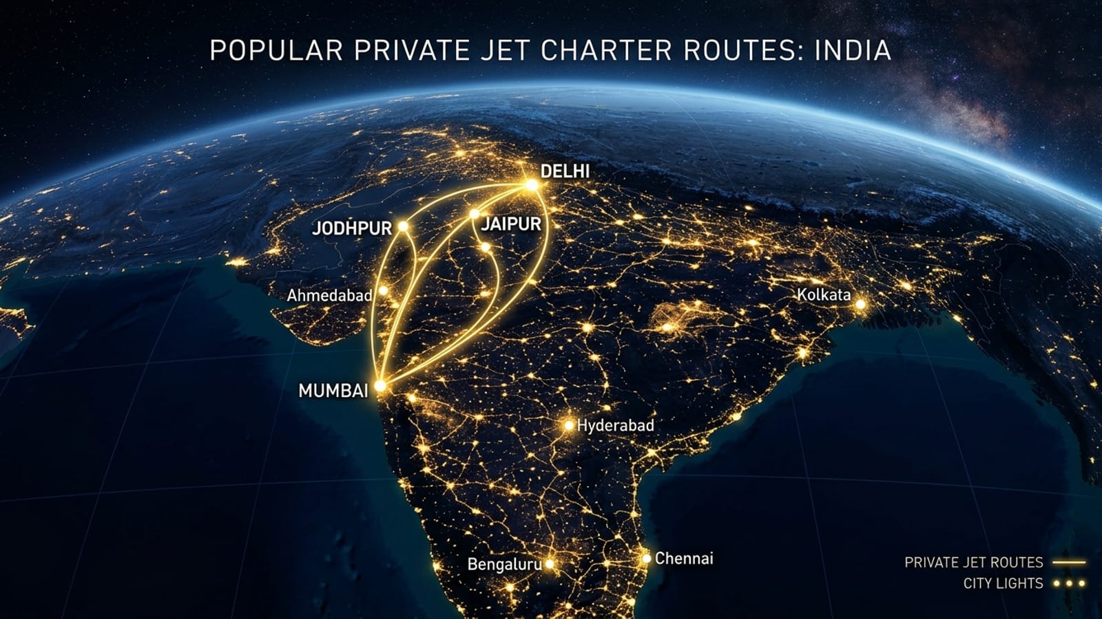 Popular private jet and helicopter routes across India map
