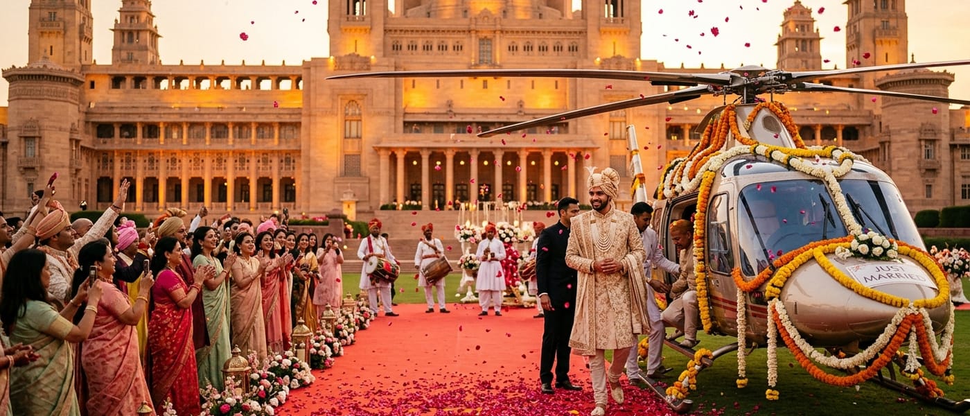 Royal wedding helicopter arrival with flower shower ceremony